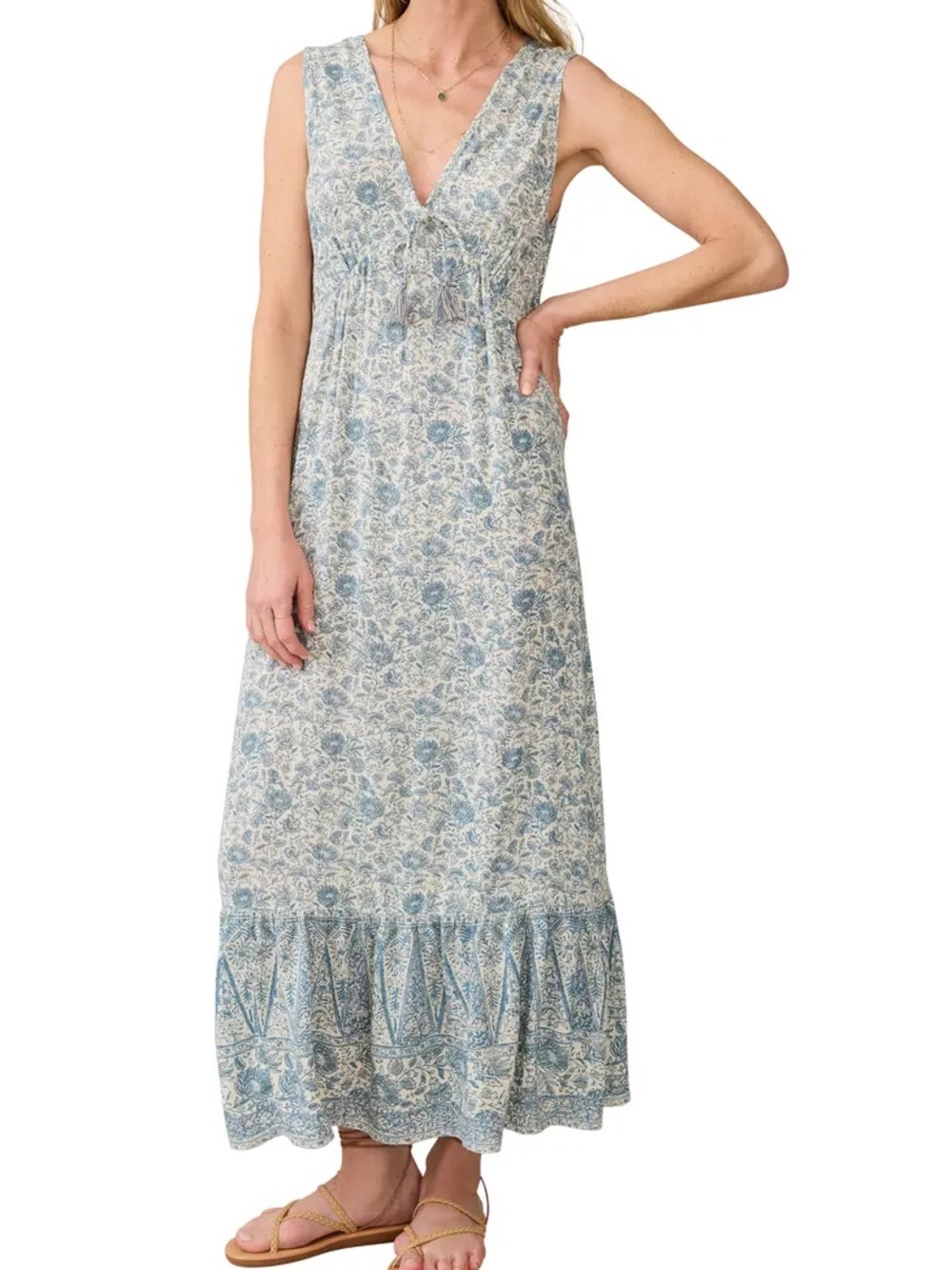 Faherty Eden Floral Print Ruffle Hem Sleeveless Maxi Dress